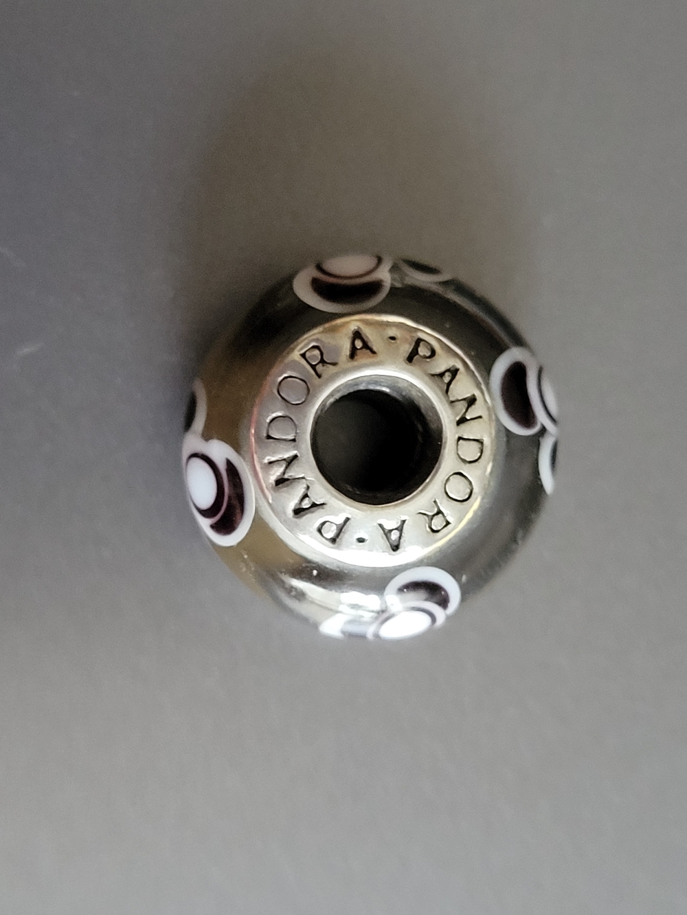 Pandora Glass Bead Charm with White & Black Dot Pattern RARE